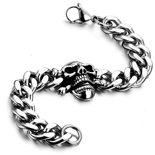 Flongo Herren Armband Männer Armreif Edelstahl Armband Armreif Armkette Link Handgelenk Panzerkette Silber Totenkopf Schädel Gotik Motorradfahrer Biker Herren von Flongo