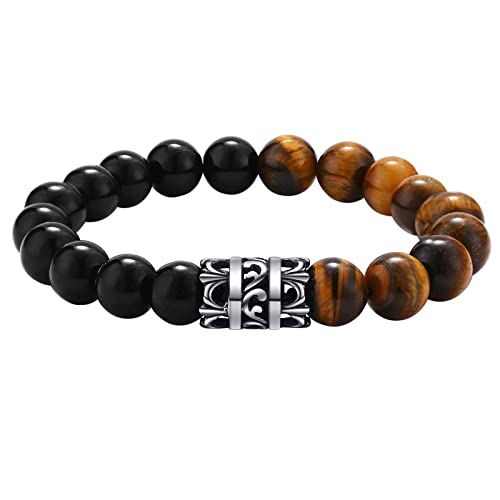Flongo Herren Armband Rosenkranz mit Durchbrochenes Muster-Anhänger Perlen-Armband Tigerauge Stein mit Edelstahl 10MM Männer Armband Gelb Schwarz von Flongo