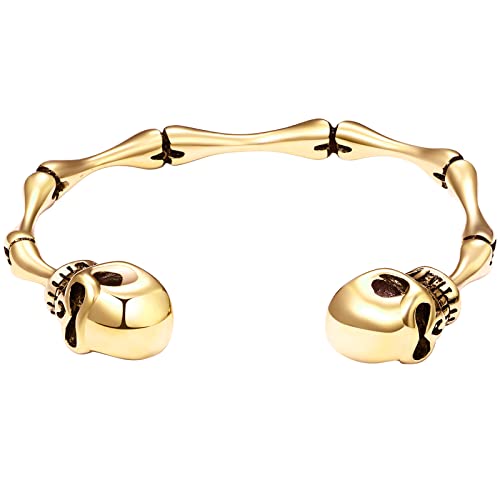 Flongo Herren-Armband offener Totenkopf Verschluss Armreif Edelstahl-Armband für Gothic Punk Männer Frauen Silber Schwarz Gold einstellbar Armband Knochen Armband Punk-Accessoires von Flongo