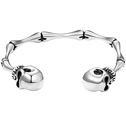 Flongo Herren-Armband offener Totenkopf Verschluss Armreif Edelstahl-Armband für Gothic Punk Männer Frauen Silber Schwarz Gold einstellbar Armband Knochen Armband Punk-Accessoires von Flongo