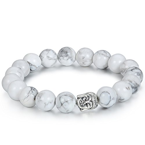 Flongo Herren Damen Armband, 10mm Energiearmband Kugel, Buddha Statue Perlen Gebet Mala, Türkis Howlite Legierung, Weiss Silber von Flongo