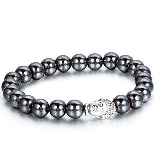 Flongo Herren Damen Armband, 8mm Energiearmband Kugel, Buddha Statue Perlen Gebet Mala, Magnetstein Legierung, Schwarz Silber von Flongo