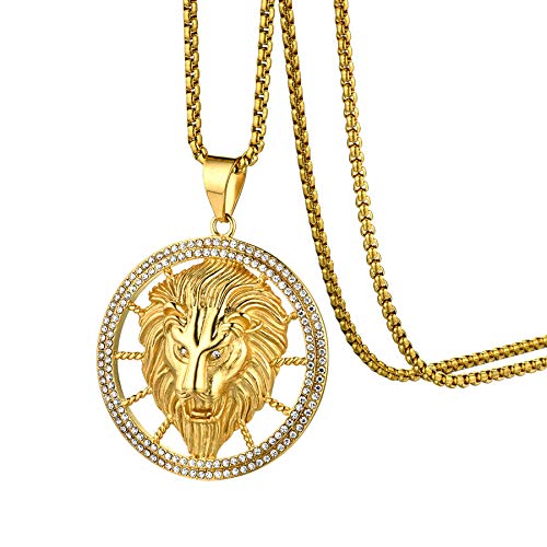 Flongo Herren Halskette Männer Anhänger Halskette Gold Golden Löwenkopf Strass Medaillon Hip Hop Wikinger Biker Herren Accessoires von Flongo