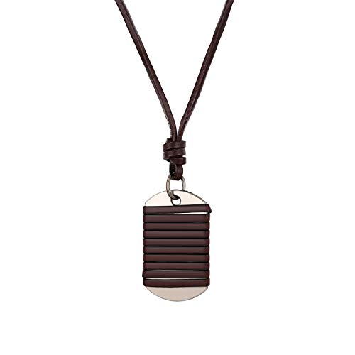 Flongo Herren Halskette Männer Kette, Leder Anhänger Halskette Silber Schwarz Braun Lederseil Erkennungsmarke Dog Tag Armee Stil Verstellbar von Flongo