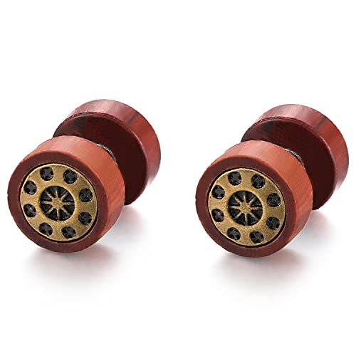 Flongo Herren Holz Ohrstecker 10mm Knopf mit Sonne Gravur Damen Ohrringe Gestüt Stecker Pentagramm Fake Plug Tunnel Piercing Ohrschmuck für Männer Frauen von Flongo