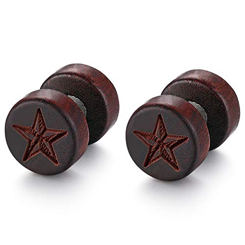 Flongo Herren Holz Ohrstecker 10mm mit Stern Gravur Damen Ohrringe Edelstahl Gestüt Stecker Ohrringe Farbe Fake Plug Tunnel Piercing Ohrschmuck motiv Holzschmuck für männer frauen hell braun von Flongo