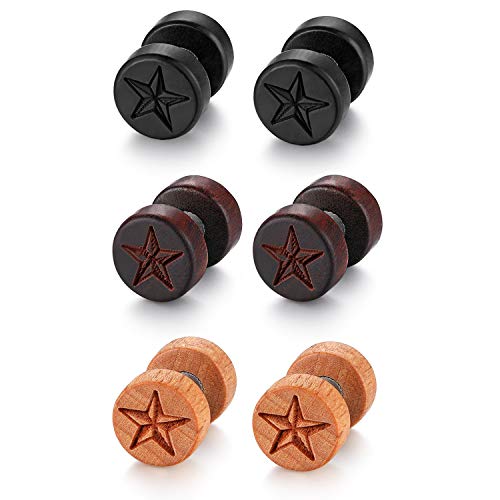 Flongo Herren Holz Ohrstecker Knopf Damen Ohrringe, 10mm Holz Edelstahl Gestüt Stecker Ohrringe Pentagramm Stern Holz Braun Schwarz Farbe Fake Plug Tunnel Ohrstecker Piercing Ohrschmuck Set von Flongo