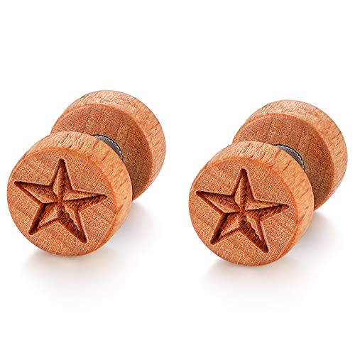 Flongo Herren Holz Ohrstecker 10mm mit Stern Gravur Damen Ohrringe Edelstahl Gestüt Stecker Ohrringe Farbe Fake Plug Tunnel Piercing Ohrschmuck motiv Holzschmuck für männer frauen dunkel braun von Flongo