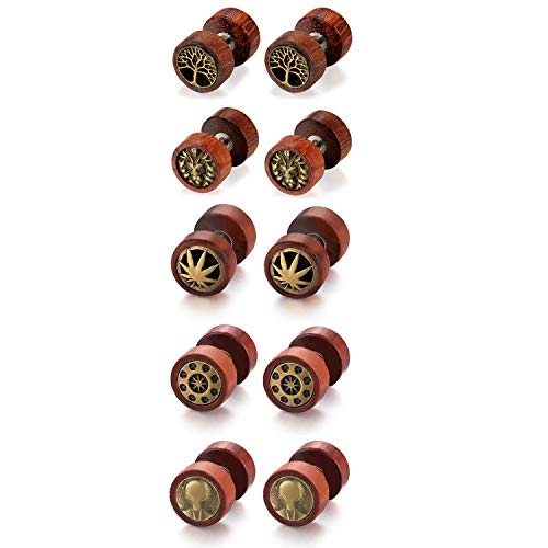 Flongo 5 Paare Herren Holz Ohrstecker Set 10mm Knopf Damen Ohrringe Holz Edelstahl Gestüt Stecker Ohrringe Pentagramm Holz Braun Farbe Fake Plug Tunnel Piercing Ohrschmuck von Flongo