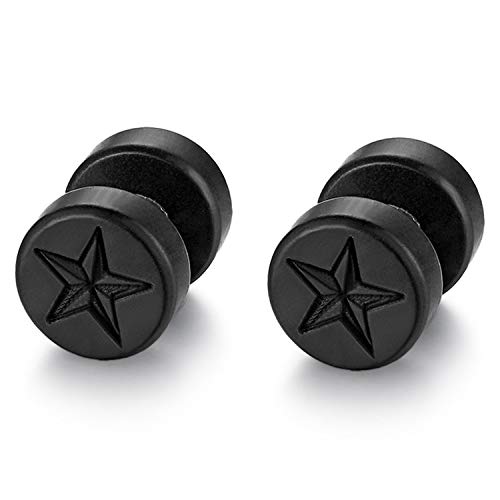 Flongo Herren Holz Ohrstecker Knopf Damen Ohrringe 10mm mit Stern Gravur Holz Edelstahl Gestüt Stecker Ohrringe Pentagramm Fake Plug Tunnel Ohrstecker Piercing Ohrschmuck für Männer Frauen Schwarz von Flongo