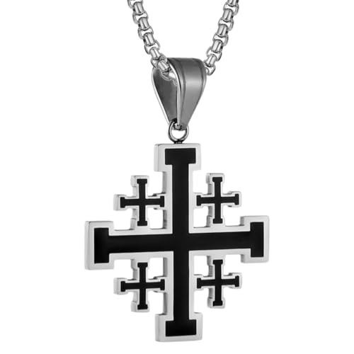 Flongo Herren Jerusalem Kreuz Kette: Edelstahl Halskette mit religiöser Anhänger schwarz silber Christlicher Kreuzritter Schmuck Tauf Amulett cross chain necklace Geschenk für Männer Damen Vater von Flongo