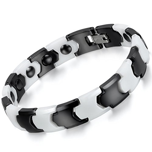 Flongo Herren Keramik Armband Armreif Keramikarmband 11mm Breit Keramik Porzellan Armband Link Handgelenk Hematit Schwarz Weiß Magnet Poliert Klassiker für Frauen Männer weiß schwarz von Flongo