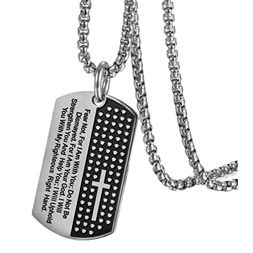 Flongo Herren Kette Anhänger, Edelstahl Halskette Kette Silber Schwarz Englisch Bibel Kreuz Kruzifix Dog Tag Rosenkranz Kette Männer Schmuck Herren Accessoires von Flongo