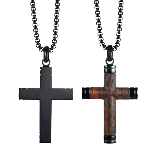 Flongo Herren Kette Kreuz Holz: Wooden Cross Anhänger Halskette schwarz Edelstahl mit Holzkreuz Necklace Christliche Geschenke für Männer jungs Kinder 22 Zoll verstellbar von Flongo