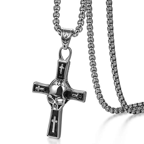 Flongo Herren-Kette Männer Anhänger Halskette Rosenkranz Kette Silber Schwarz Kreuz Kruzifix Totenkopf Schädel Venezianierkette Herrenketten Motorradfahrer Biker Herren-Accessoires von Flongo