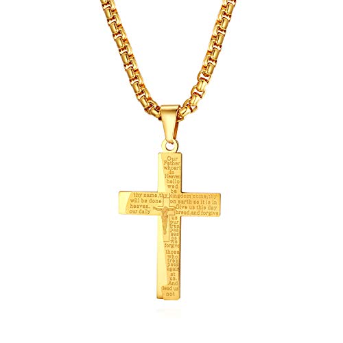 Flongo Herren-Kette Männer Anhänger Halskette Rosenkranz Kette Gold Englisch Bibel Jesus Kreuz Kruzifix Weizenkette Herrenketten Herren-Accessoires von Flongo