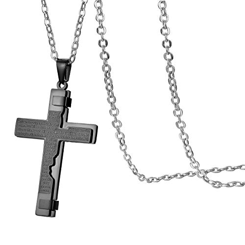 Flongo Herren-Kette Männer Anhänger Halskette Rosenkranz Kette Schwarz Englisch Bibel Jesus Kreuz Kruzifix Herrenketten Herren-Accessoires mit Kette von Flongo