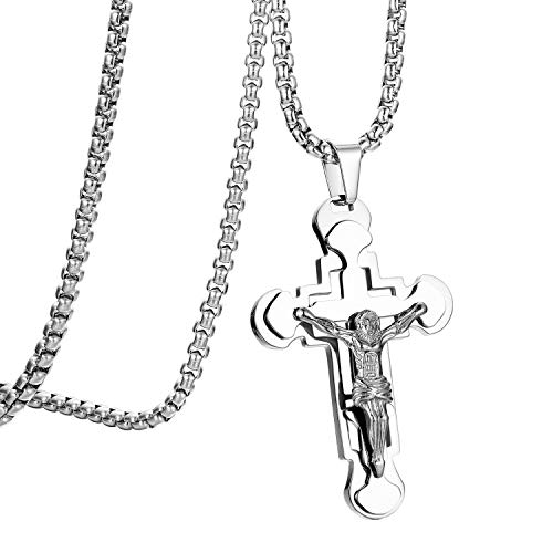 Flongo Herren-Kette Männer Anhänger Halskette Rosenkranz Kette Silber Jesus Kreuz Kruzifix Venezianierkette Klassiker Herrenketten Herren-Accessoires von Flongo