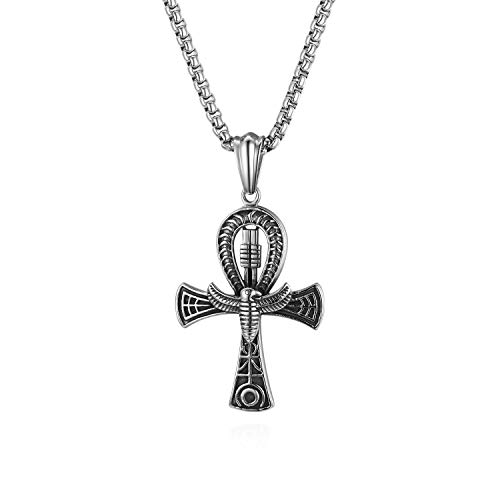 Flongo Herren-Kette Männer Anhänger Halskette Rosenkranz Kette Silber Schwarz Egyptian Ägyptisches Anch o. Ankh Kreuz Kruzifix Weizenkette Herren-Accessoires von Flongo