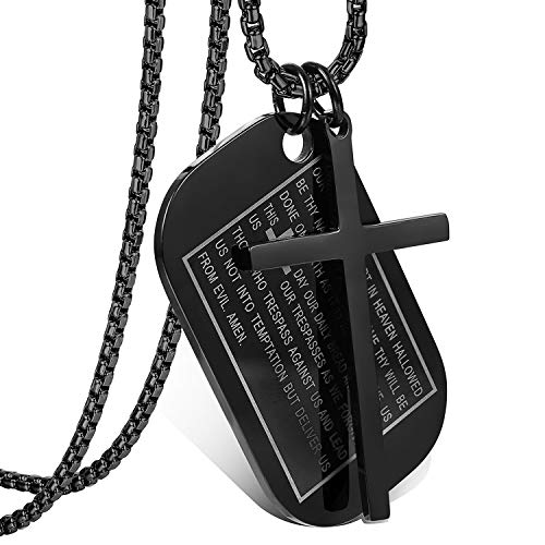 Flongo Herren-Kette Männer Anhänger Halskette Rosenkranz Kette Silber Schwarz Gold mit Englisch Bibel Gravur Jesus Dog Tag Kreuz Anhänger Herrenketten Herren-Accessoires von Flongo