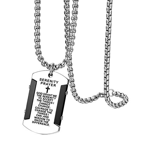 Flongo Herren-Kette Männer Anhänger Halskette Rosenkranz Kette Silber Schwarz mit Englisch Bibel Gravur Jesus Dog Tag Herrenketten Herren-Accessoires von Flongo