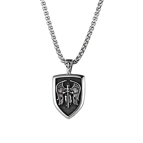 Flongo Herren-Kette Männer Anhänger Halskette Rosenkranz Kette Silber mit Saint Michael The Archangel Schild Herren-Accessoires von Flongo