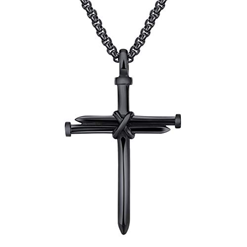 Flongo Herren-Kette Männer Kreuz Anhänger, Edelstahl Anhänger Halskette Schwarz Nagel Kreuz Poliert Herren-Accessoires von Flongo