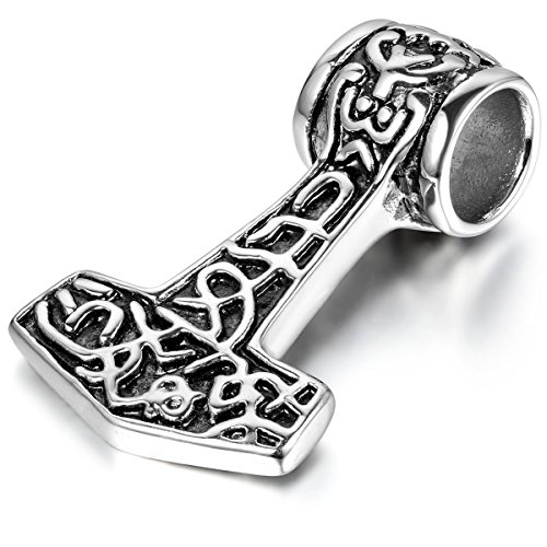 Flongo Herren Kette Männer Thorshammer Anhänger Halskette, Edelstahl Anhänger Halskette Silber Schwarz Dreieck Thors Hammer Amulett Retro, mit 55cm Kette von Flongo