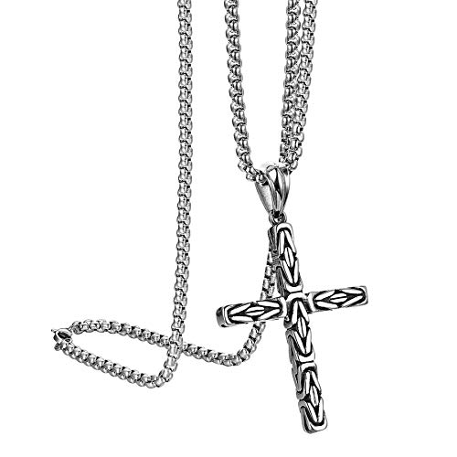 Flongo Herren-Kette Rosenkranz Kreuz Kette Männer Anhänger Halskette Silber Retro Herren-Accessoires von Flongo