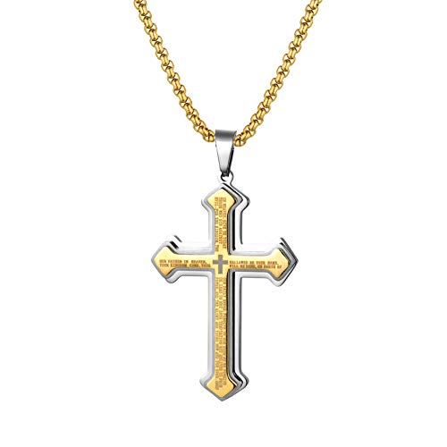 Flongo Herren-Kette Rosenkranz Männer Anhänger Kreuz Halskette aus Edelstahl Gold Golden Englische Bibel Jahrgang Poliert Herren-Accessoires Flongo Herren-Kette Rosenkranz Männer Anhänger Kreuz Halskette aus Edelstahl Gold Golden Englische Bibel Jahrgang Poliert Herren-Accessoires von Flongo