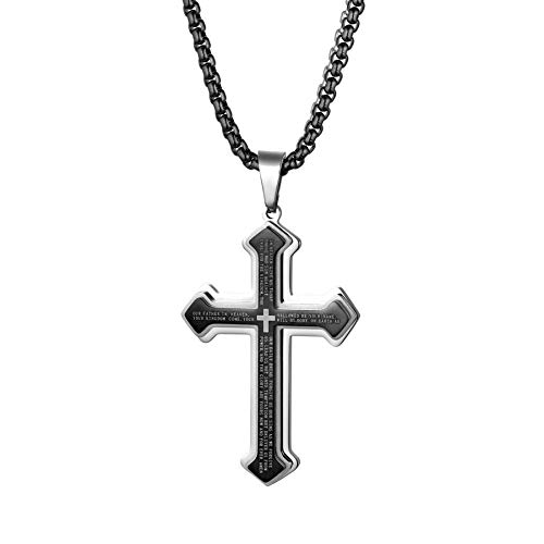 Flongo Herren-Kette Rosenkranz Männer Anhänger Kreuz Halskette aus Edelstahl Schwarz Englische Bibel Jahrgang Poliert Herren-Accessoires von Flongo