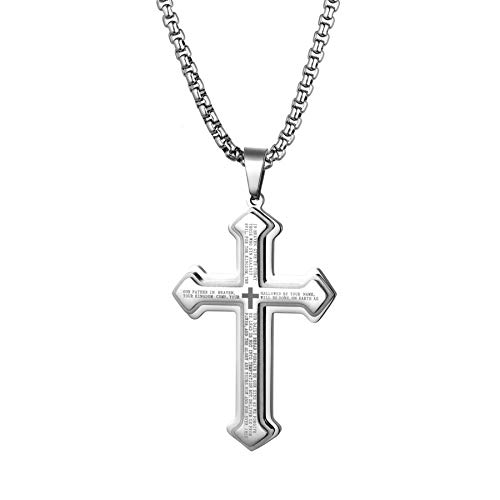 Flongo Herren-Kette Rosenkranz Männer Anhänger Kreuz Halskette aus Edelstahl Silber Englische Bibel Jahrgang Poliert Herren-Accessoires von Flongo