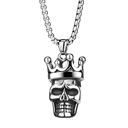 Flongo Herren-Kette Totenkopf Mit Krone Anhänger Halskette, Edelstahl Halskette Kette Silber Schwarz mit Schädel Totenkopf Anhänger Hip-Hop Gotik Biker Herren-Accessoires von Flongo