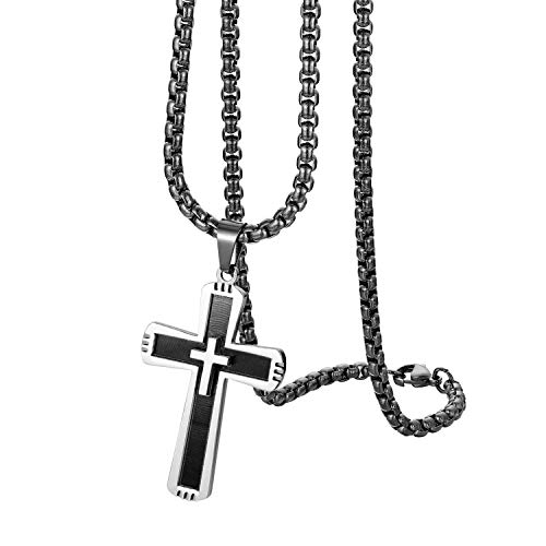 Flongo Herren Kreuz Halskette Männer Anhänger Rosenkranz Kette Schwarz Jahrgang Herren-Accessoires von Flongo