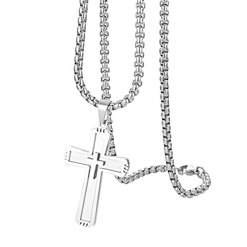 Flongo Herren Kreuz Halskette Männer Anhänger Rosenkranz Kette Silber Jahrgang Herren-Accessoires von Flongo