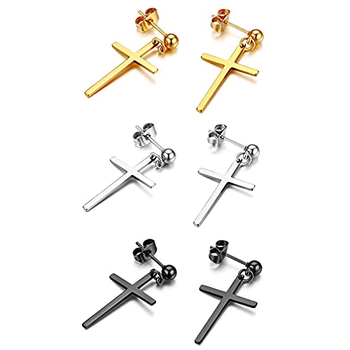 Flongo 3 Paar Kreuz Ohrringe aus Edelstahl Creolen Ohrringe mit Kreuz Anhänger Damen Ohrringe Herren Ohrstecker Kreuz Schmuck Silber Schwarz Gold Geschenk zu Ostern Weihnachten Halloween von Flongo