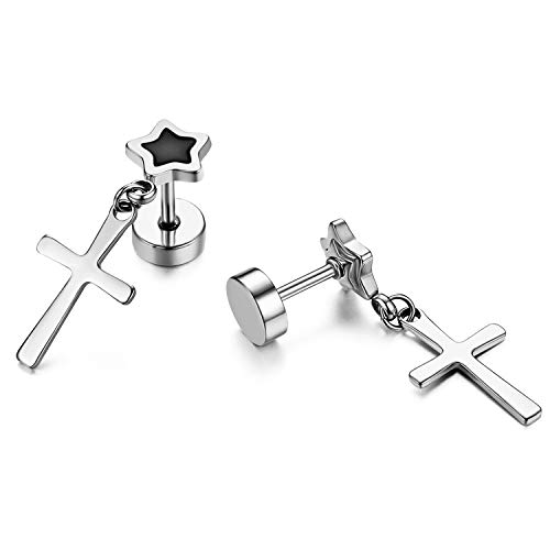 Flongo Herren Kreuz Ohrstecker Damen Ohrringe, Edelstahl Ohrhänger Ohrstecker Gestüt Stecker Ohrringe Tunnel Fakeplugs Männer Frauen Ohrschmuck Silber Gold Schwarz Stern Form von Flongo