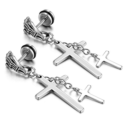 Flongo Herren Kreuz Ohrstecker Damen Ohrringe Edelstahl Ohrhänger Ohrstecker Gestüt Stecker Ohrringe Tunnel Fakeplugs Männer Frauen Ohrschmuck Hand Knochen Gotik Punk Silber von Flongo