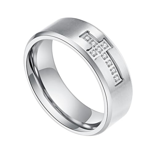 Flongo Herren Kreuz Ring Silber: Edelstahl Herrenring 8mm Ringe mit Cross Strass Vintage Silberring Jesus Gebetsschmuck Punk Christliches Kreuz mit Diamanten Zirkonia Geschenk für Damen Männer 70 von Flongo