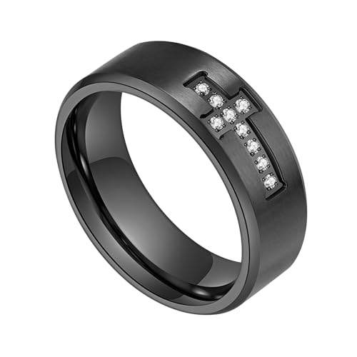 Flongo Herren Kreuz Ring schwarz: Edelstahl Herrenring 8mm Ringe mit Cross Strass Vintage black rings Jesus Gebetsschmuck Punk Christliches Kreuz mit Diamanten Zirkonia Geschenk für Damen Männer 57 von Flongo