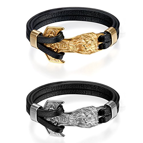 Flongo Herren Leder-Armband, 2 Stück Edelstahl Leder Armband Armreif Lederarmband Manschette Silber Gold Schwarz Löwenkopf Thors Hammer Biker Gotik Männer Herrenarmband Herren-Accessoires von Flongo