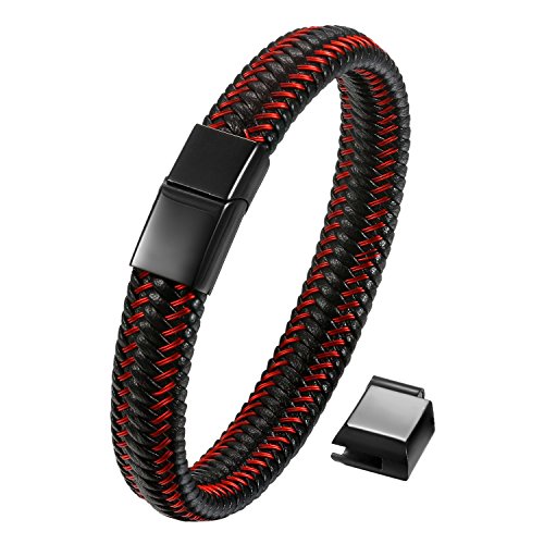 Flongo Herren Leder Armband, Edelstahl Echtleder Armband Armreif Lederarmband Manschette Rot Schwarz Surfer Kette Magnet Schließe Verstellbar Verschluss Biker Herrenarmband von Flongo