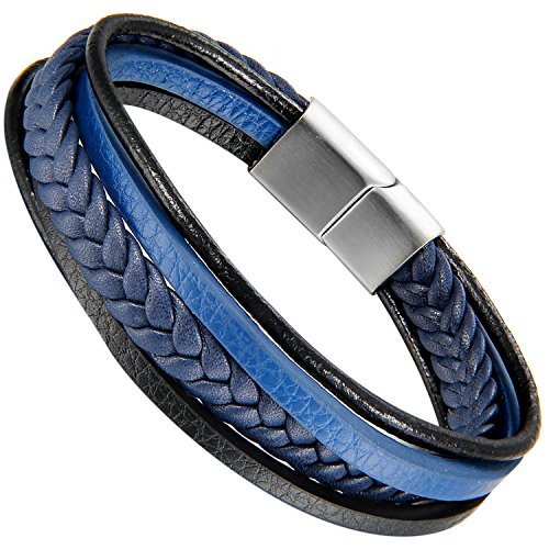 Flongo Herren Leder Armband Armband Männer Armreif Edelstahl Leder Echtleder Armband Armreifen Kordelkette Seil Schwarz Surfer Wickeln Geflochten Motorradfahrer Biker Geschenk für Vater blau schwarz von Flongo