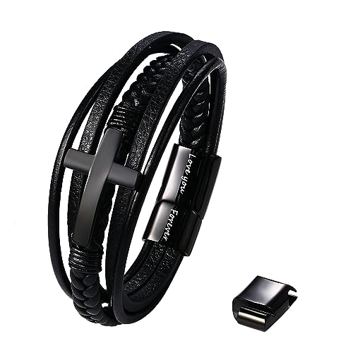 Flongo Herren Leder Armband Kreuz schwarz geflochten Lederarmband mit klassisch Edelstahl Cross Anhänger und love you forever Gravur verstellbar Geschenk für Sohn mit Liebeskarte Geschenkbox von Flongo