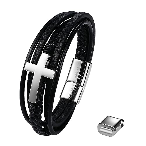 Flongo Herren Leder Armband Kreuz schwarz Silber geflochten Lederarmband mit klassisch Edelstahl Cross Anhänger und Love You Forever Gravur verstellbar Geschenk für Sohn mit Liebeskarte Geschenkbox von Flongo