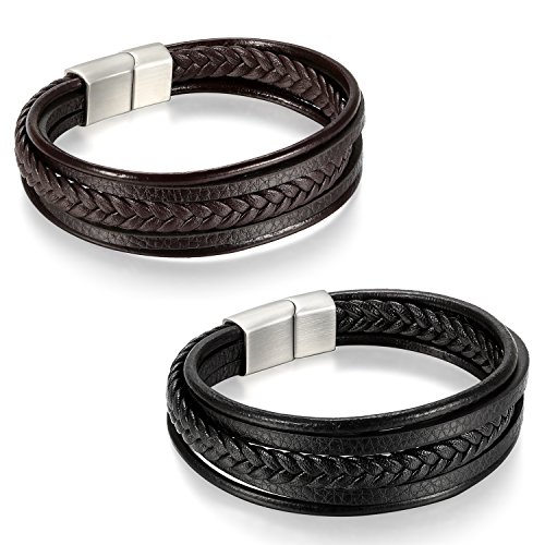 Flongo 2 PCs Herren Lederarmband Set Geflochten Premium Leder Edelstahl Armband punk biker Manschette Armreif Magnetverschluss verstellbar Accessoires für Männer Jungen braun schwarz von Flongo