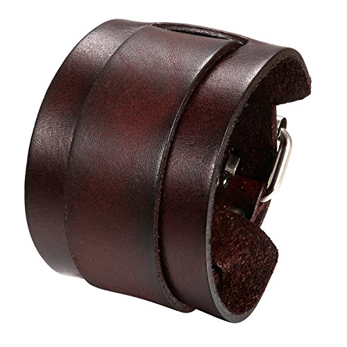 Flongo Herren Lederarmband, Groß Breite Leder Echtleder Armband Armreif Lederarmband Manschette Gürtel Braun Silber Punk Rock Biker Motorradfahrer Einstellbar Verstellbar Herren Accessoires von Flongo