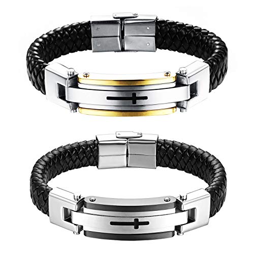 Flongo Herren Lederarmband Männer Herrenarmband, Edelstahl Leder Armband Armreif Lederarmband Manschette Silber Gold Schwarz Kreuz Motorradfahrer Biker Gotik Herren-Accessoires 2er Set Flongo Herren Lederarmband Männer Herrenarmband, Edelstahl Leder Armband Armreif Lederarmband Manschette Silber Gold Schwarz Kreuz Motorradfahrer Biker Gotik Herren-Accessoires 2er Set von Flongo