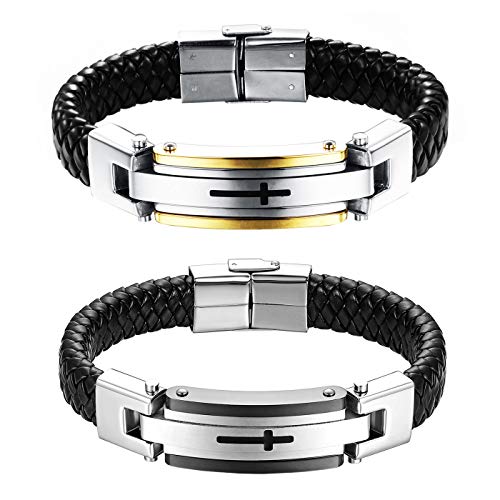 Flongo Herren Lederarmband Männer Herrenarmband, Edelstahl Leder Armband Armreif Lederarmband Manschette Silber Gold Schwarz Kreuz Motorradfahrer Biker Gotik Herren-Accessoires 2er Set von Flongo