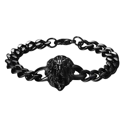 Flongo Herren Löwe Armband Edelstahl: schwarz Wikinger Schmuck Charms Cuban Kette mit Löwenkopf Lion Head Löwen Armkette Retro Biker Geschenk für Männer Damen breit Weihnachten Geburtstag Jahrestag von Flongo